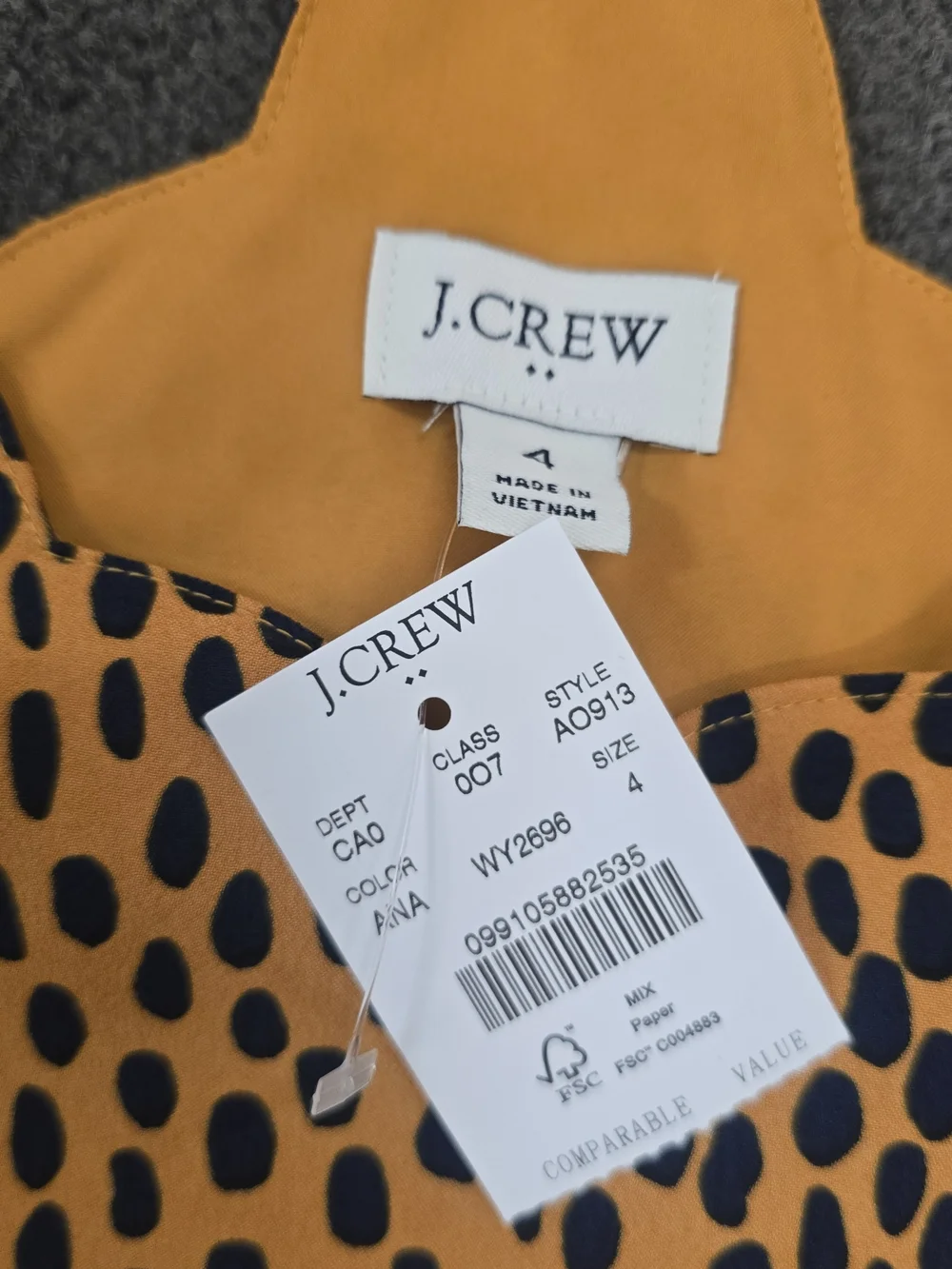 J.Crew Size 4 Orange Navy Spotted Print Racerback Cami Tank Top NWT